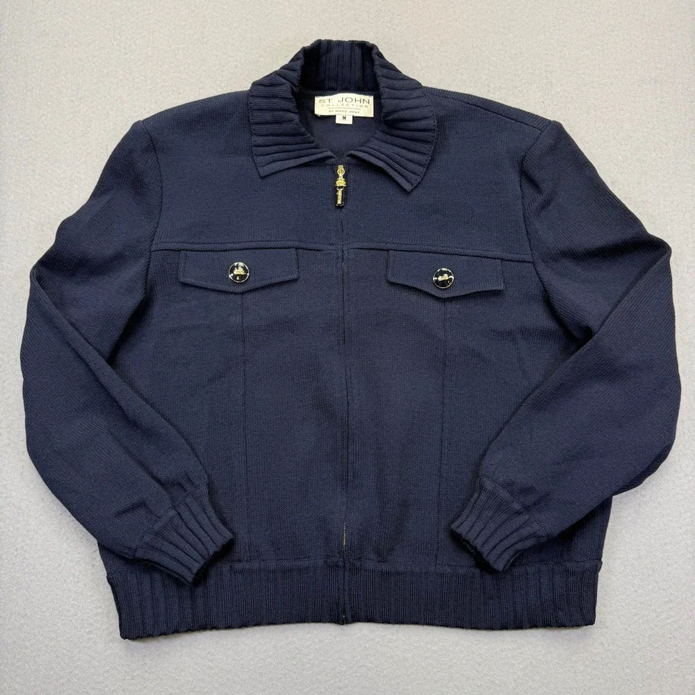 St John Collection Marie Gray Navy Blue Santana Knit Zip Jacket Bomber Mens M